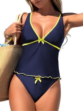 Zaful Two Piece Tankini Swimsuit Women’s Size L Blue Gold Plunging Neckline Sexy